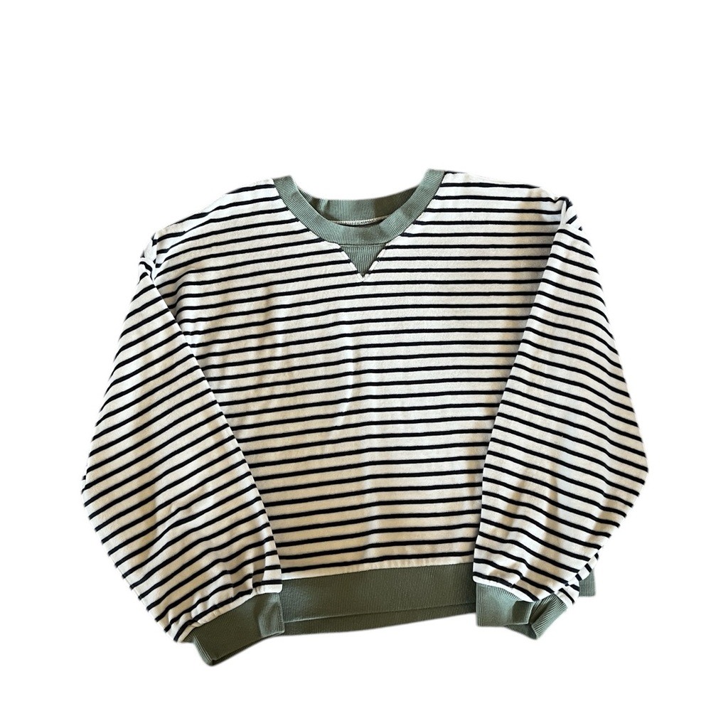 Madewell Velour Striped Cropped Sweatshirt Navy White Sage Trim Boxy L